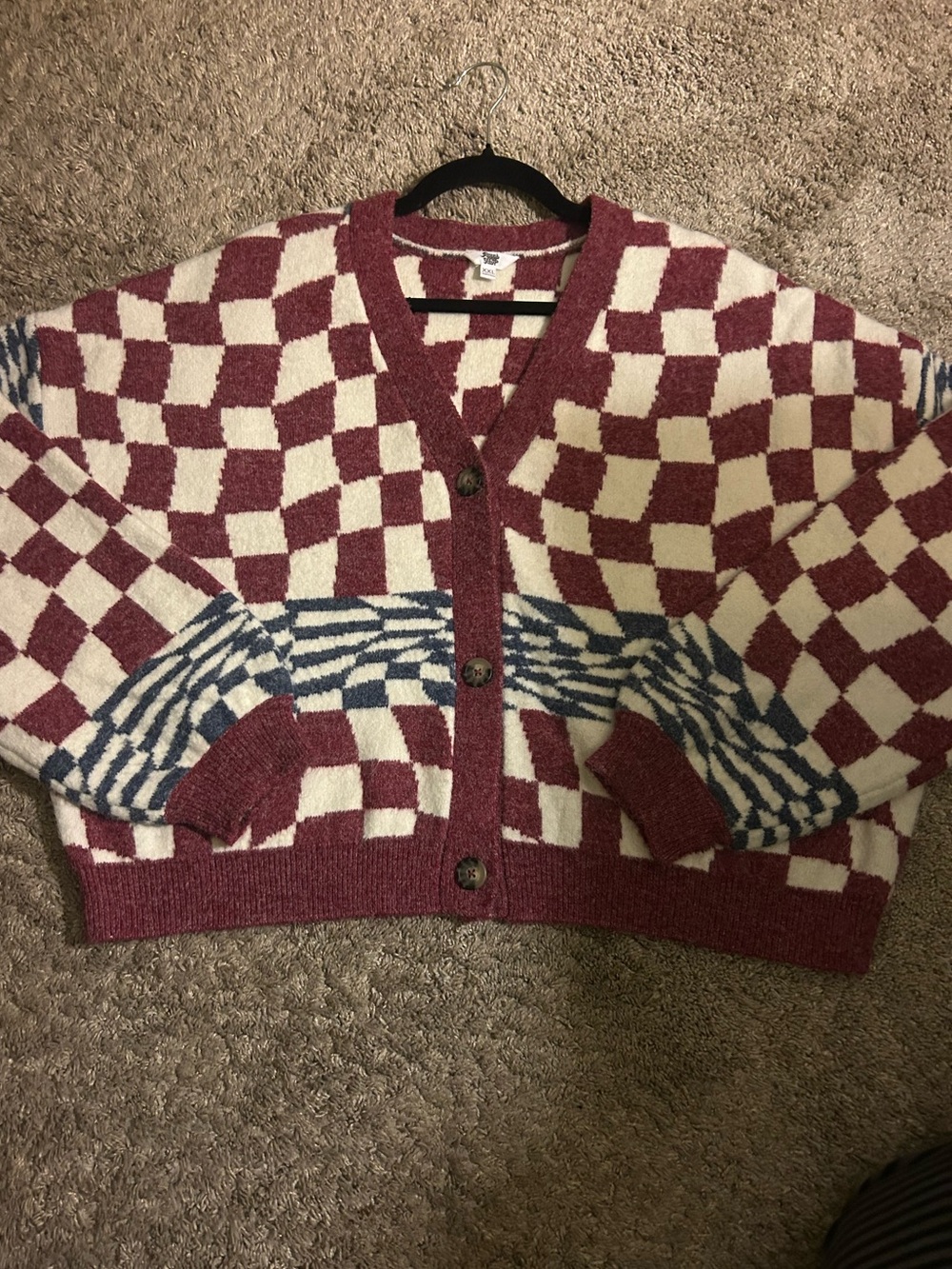 Ascot & Hart Checkerboard V-Neck Cardigan Sweater - Maroon, Cream & Blue Accent